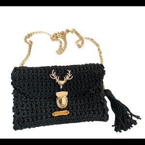 Handmade Crochet Crossbody Womens Fashion Bag Shoulder Strap Medium Black Color